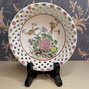 Vintage Estate Hand Painted Lattice Porcelain Bowl Floral Bird Design